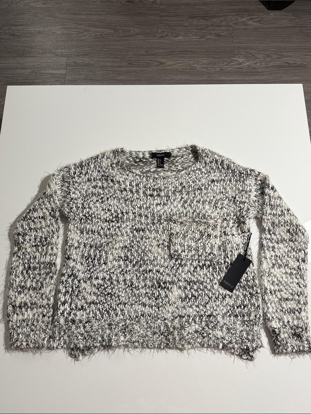 Forever 21 Cream & Black Marled Fuzzy Crew Neck Sweater Sz S
